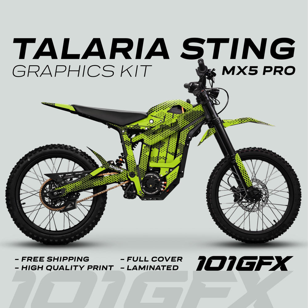 Talaria Sting MX5 PRO Graphics Kit HEXOCAM GREEN Decals: Custom honeycomb design, full coverage, durable, with free shipping and easy application from 101GFX.