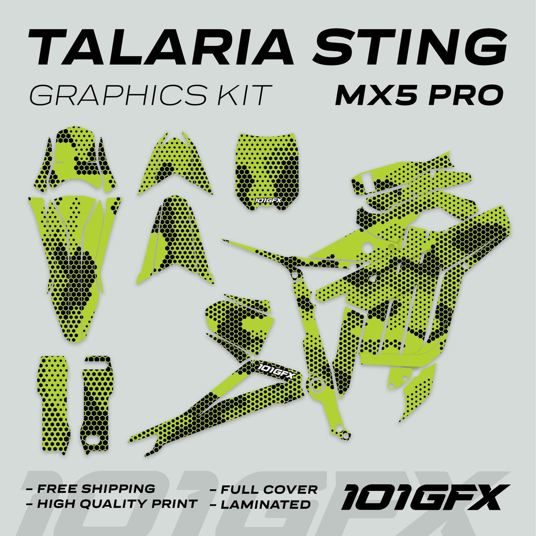 Talaria Sting MX5 PRO Graphics Kit HEXOCAM GREEN Decals showcasing lime-green and black halftone design, full coverage, and durable quality for stylish, easy installation.