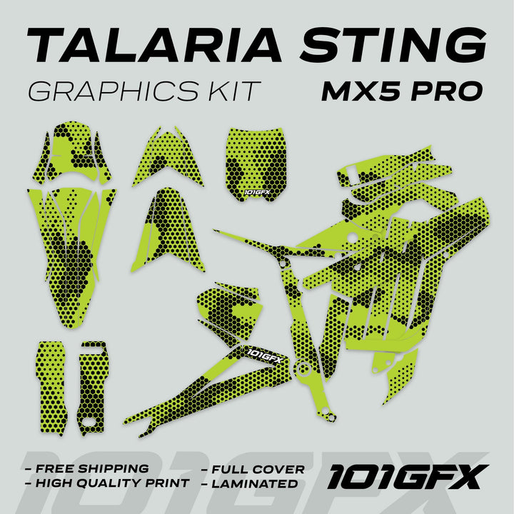 Talaria Sting MX5 PRO Graphics Kit HEXOCAM GREEN Decals showcasing lime-green and black halftone design, full coverage, and durable quality for stylish, easy installation.