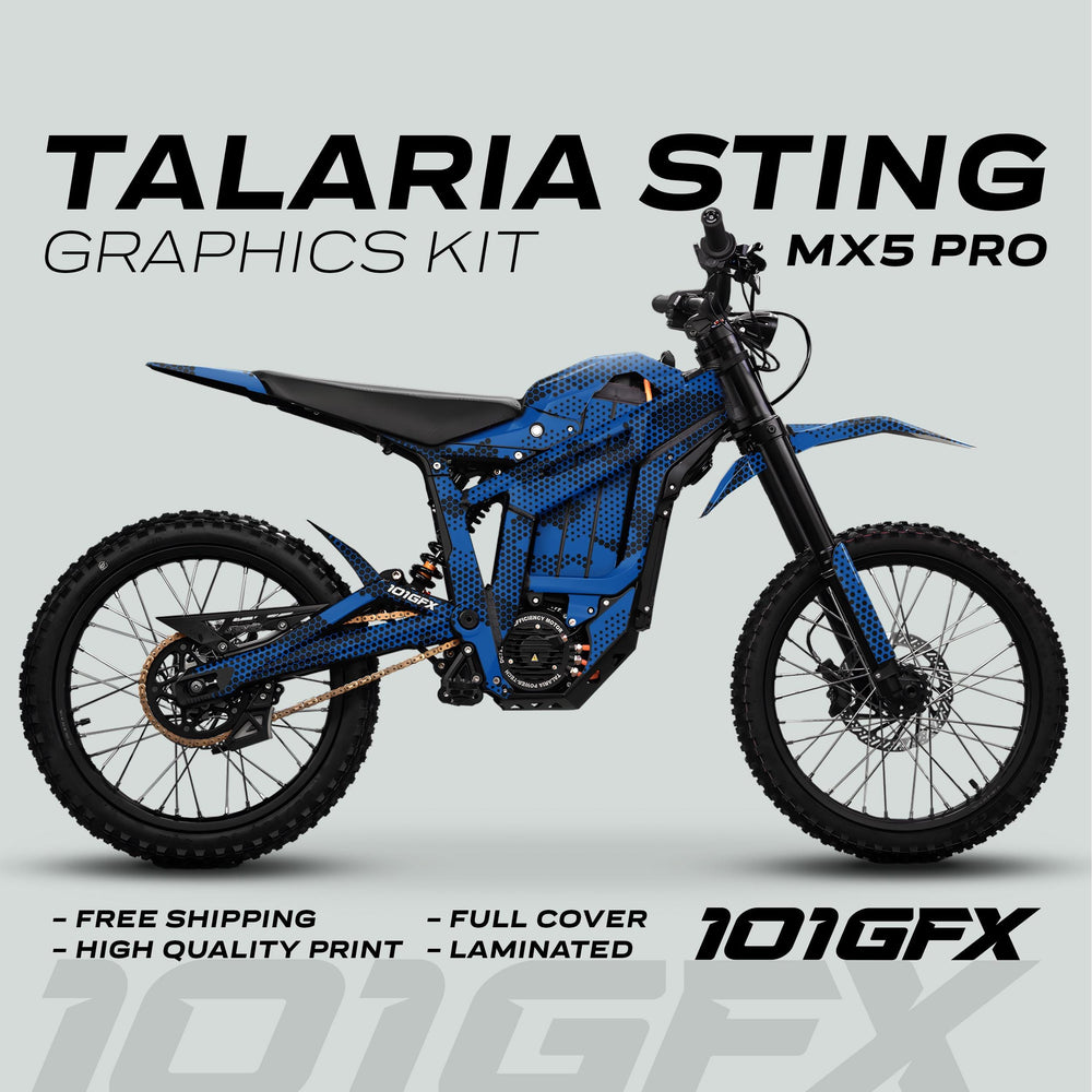 Talaria Sting MX5 PRO Graphics Kit HEXOCAM BLUE Decals on an electric dirt bike, showcasing a full cover design with high-quality, laminated print and free shipping details.