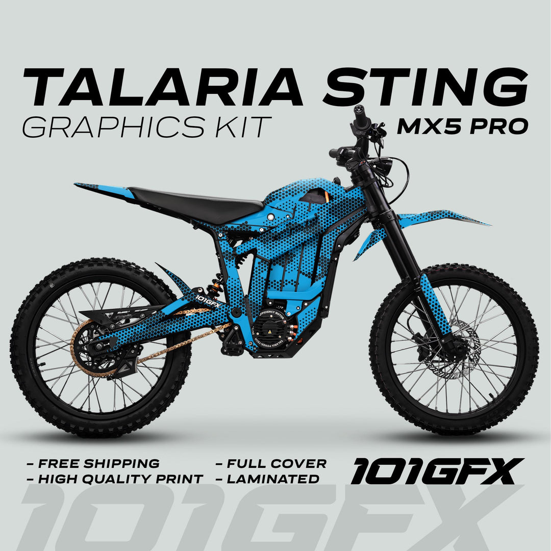 Talaria Sting MX5 PRO Graphics Kit HEXOCAM CYAN Decals on an electric dirt-bike, showcasing a blue-and-black dotted wrap with promotional details on quality and shipping.