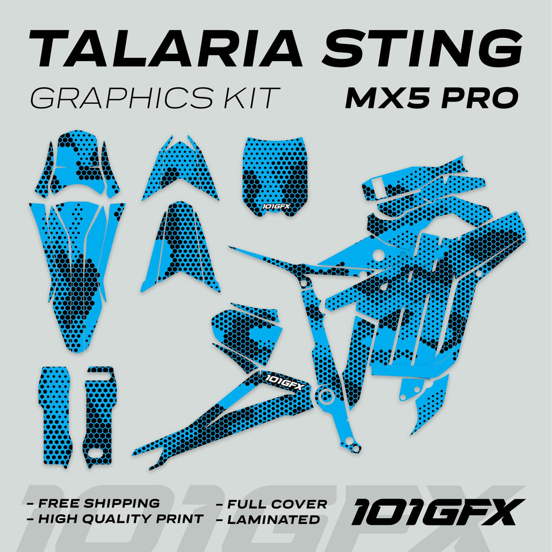 Talaria Sting MX5 PRO Graphics Kit HEXOCAM CYAN Decals: blue-and-black pattern vinyl pieces for dirt bike body, fork guards, and trim, with high-quality features highlighted.