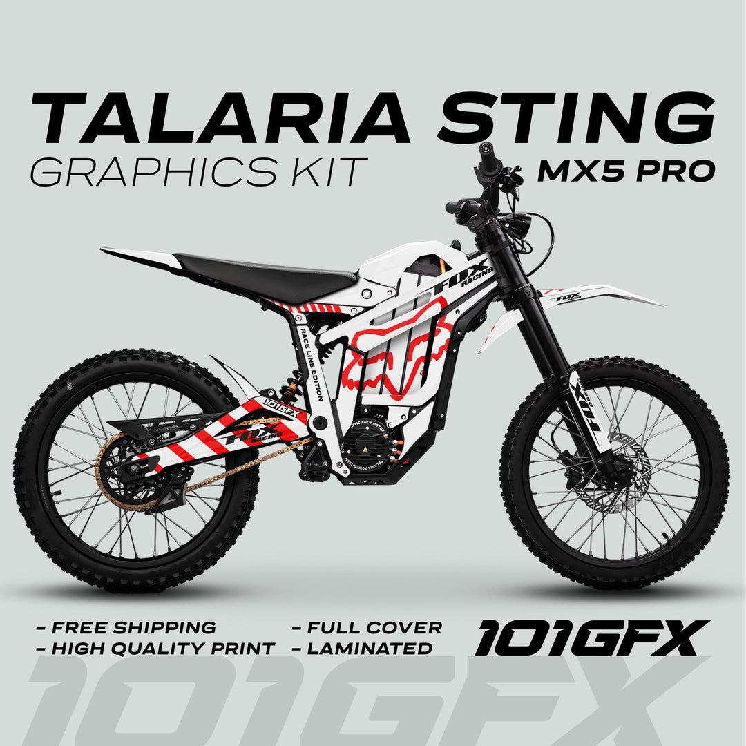 Talaria Sting MX5 PRO Graphics Kit featuring FOX RACELINE white-red decals, transforming the bike with full coverage, durable materials, and easy application.