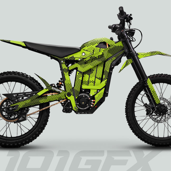 Talaria Sting MX5 PRO Graphics Kit HEXOCAM GREEN Decals on an off-road electric dirt bike with black/neon-green bodywork, knobby tires, and motocross-style seat.