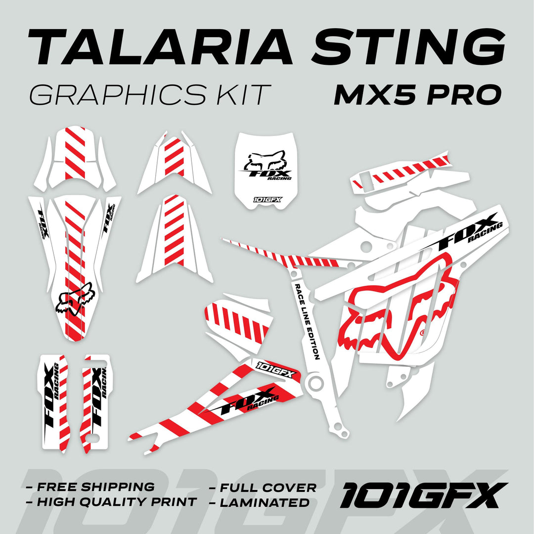Talaria Sting MX5 PRO Graphics Kit FOX RACELINE features red stripes on white, includes all decals, offers full coverage, easy application, and high-quality print.