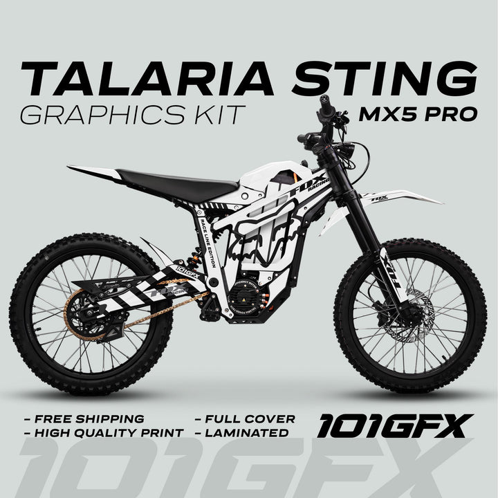 Talaria Sting MX5 PRO Graphics Kit FOX RACELINE, featuring a black-and-white full-cover decal on an off-road bike, highlighting free shipping and quality print.