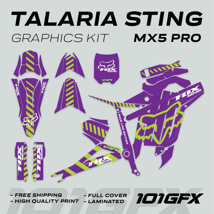 Talaria Sting MX5 PRO Graphics Kit FOX RACELINE features detailed purple-green decals, including shrouds and side panels, with Fox Racing logos, offering full coverage and durability.