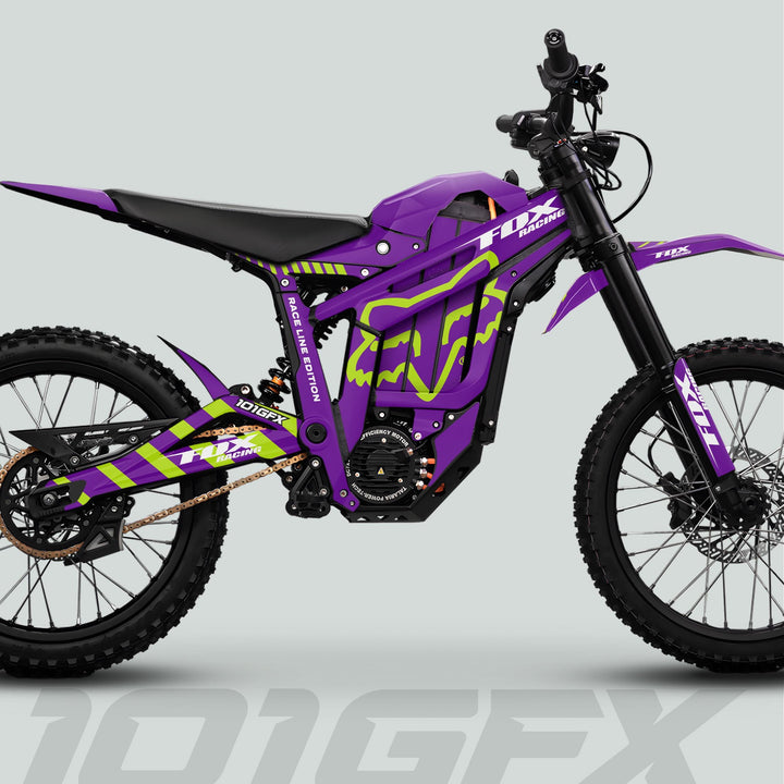 Talaria Sting MX5 PRO Graphics Kit showcasing FOX RACELINE Purple Green Decals on an electric dirt bike with Fox logos and off-road enhancements.