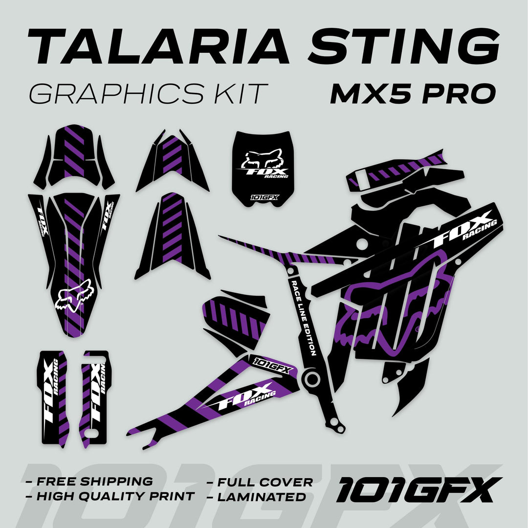 Talaria Sting MX5 PRO Graphics Kit FOX RACELINE Black Purple Decals, showcasing vinyl stickers for fender tops, fork-leg guards, and more, emphasizing full coverage and durability.