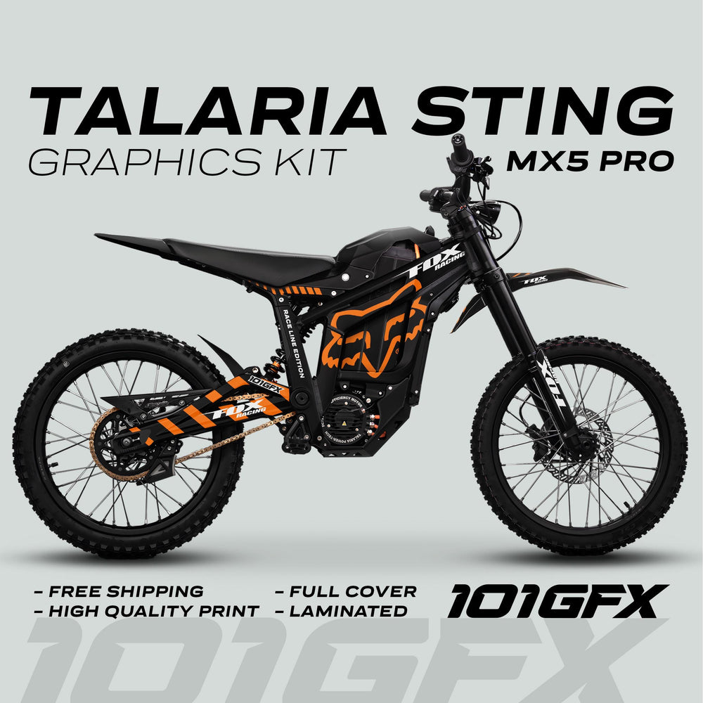 Talaria Sting MX5 PRO Graphics Kit FOX RACELINE with black-and-orange decals on an electric bike, showcasing full coverage and durability.