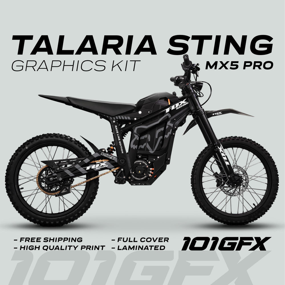 Talaria Sting MX5 PRO Graphics Kit FOX RACELINE features a sleek, full-coverage design for electric dirt bikes, showcasing Talaria and Fox Racing logos with knobby tires.