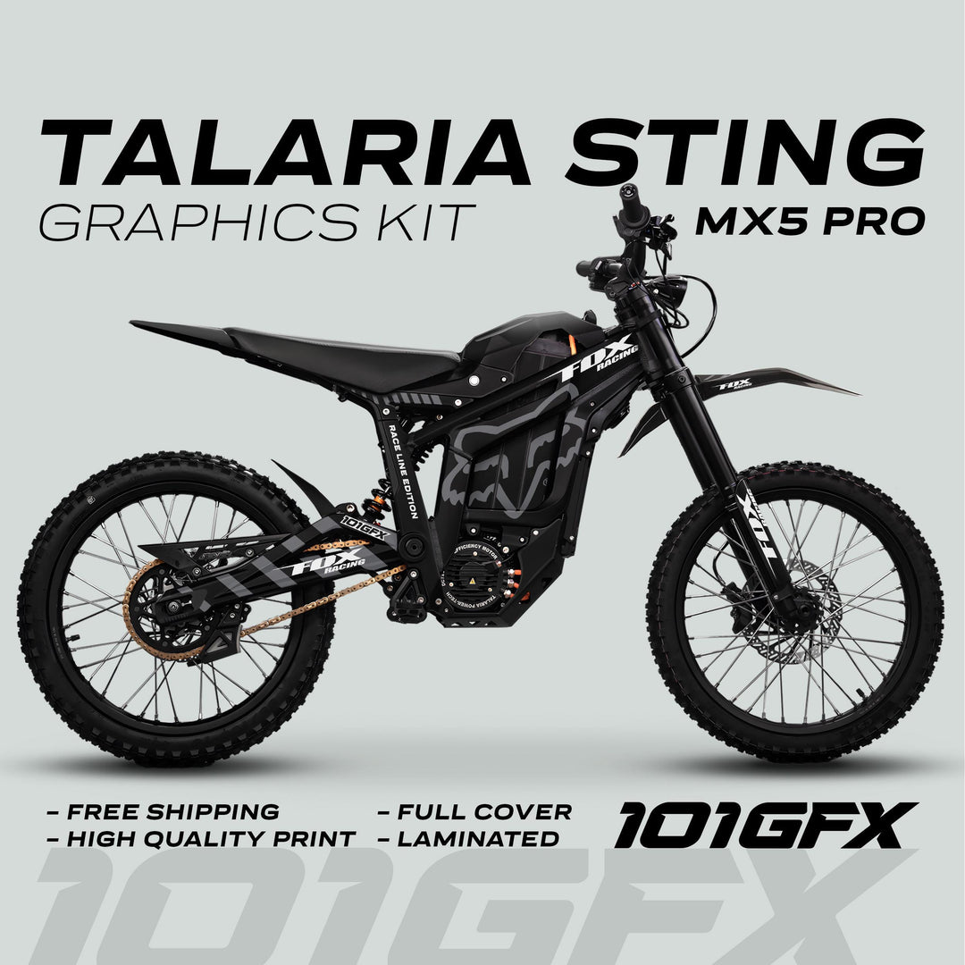 Talaria Sting MX5 PRO Graphics Kit FOX RACELINE features a sleek, full-coverage design for electric dirt bikes, showcasing Talaria and Fox Racing logos with knobby tires.
