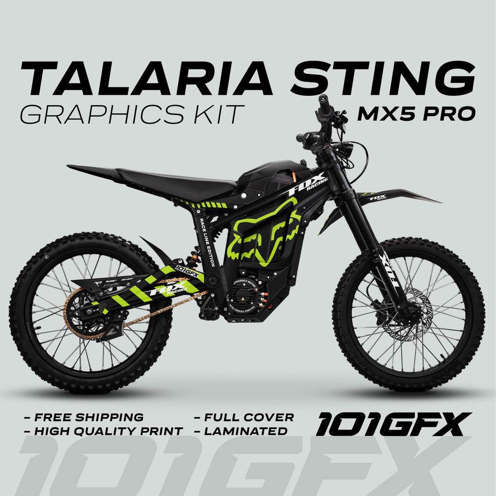 Talaria Sting MX5 PRO Graphics Kit features FOX RACELINE Black Green Decals, offering full coverage, durability, easy application, and free shipping for a standout ride transformation.