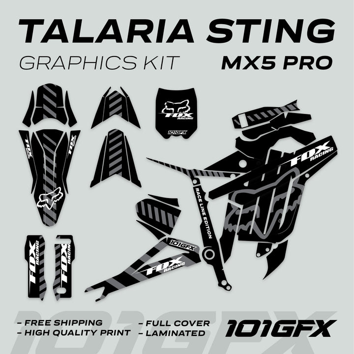 Talaria Sting MX5 PRO Graphics Kit FOX RACELINE Black Grey Decals, showcasing vinyl stickers for fender tops, side panels, and more, highlighting Free Shipping and High Quality Print.