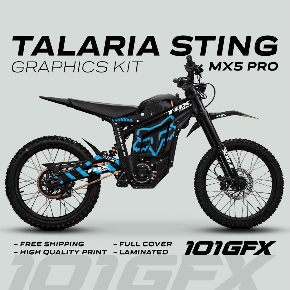 Talaria Sting MX5 PRO Graphics Kit with FOX RACELINE Black Cyan Decals on bike; features free shipping, full cover, laminated, quality materials.