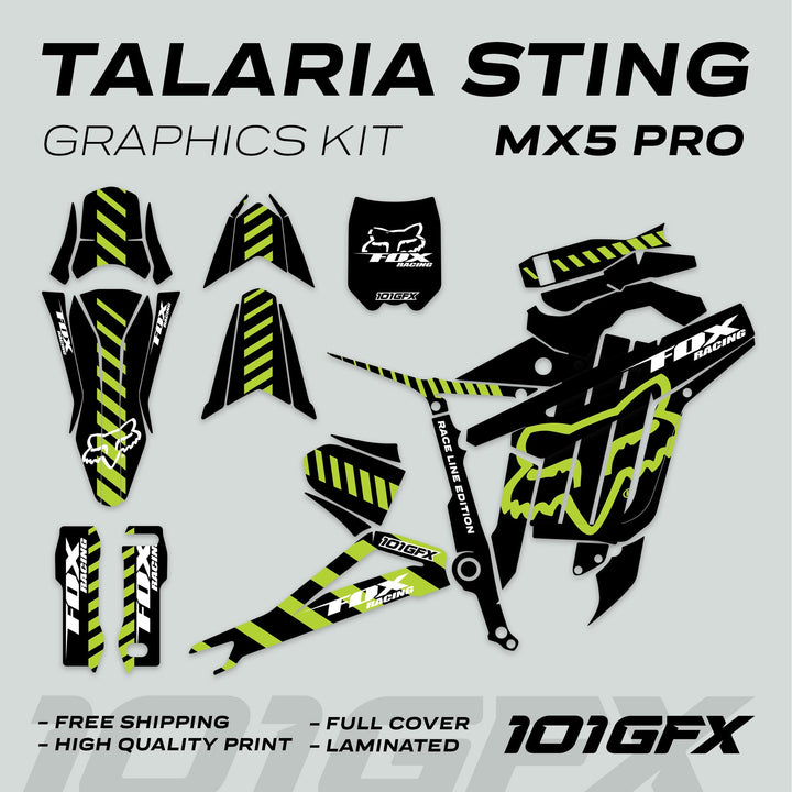 Talaria Sting MX5 PRO Graphics Kit FOX RACELINE Black Green Decals showing full-coverage vinyl pieces with Fox Racing logos, promoting easy installation and high-quality finish.