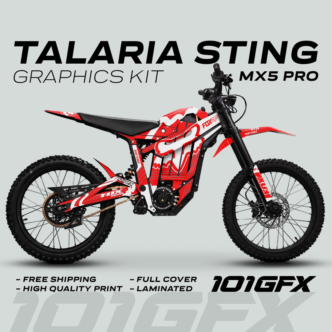 Talaria Sting MX5 PRO Graphics Kit FOX STRIPES features a red-and-white design, emphasizing full coverage, high-quality print, and durability with free shipping.