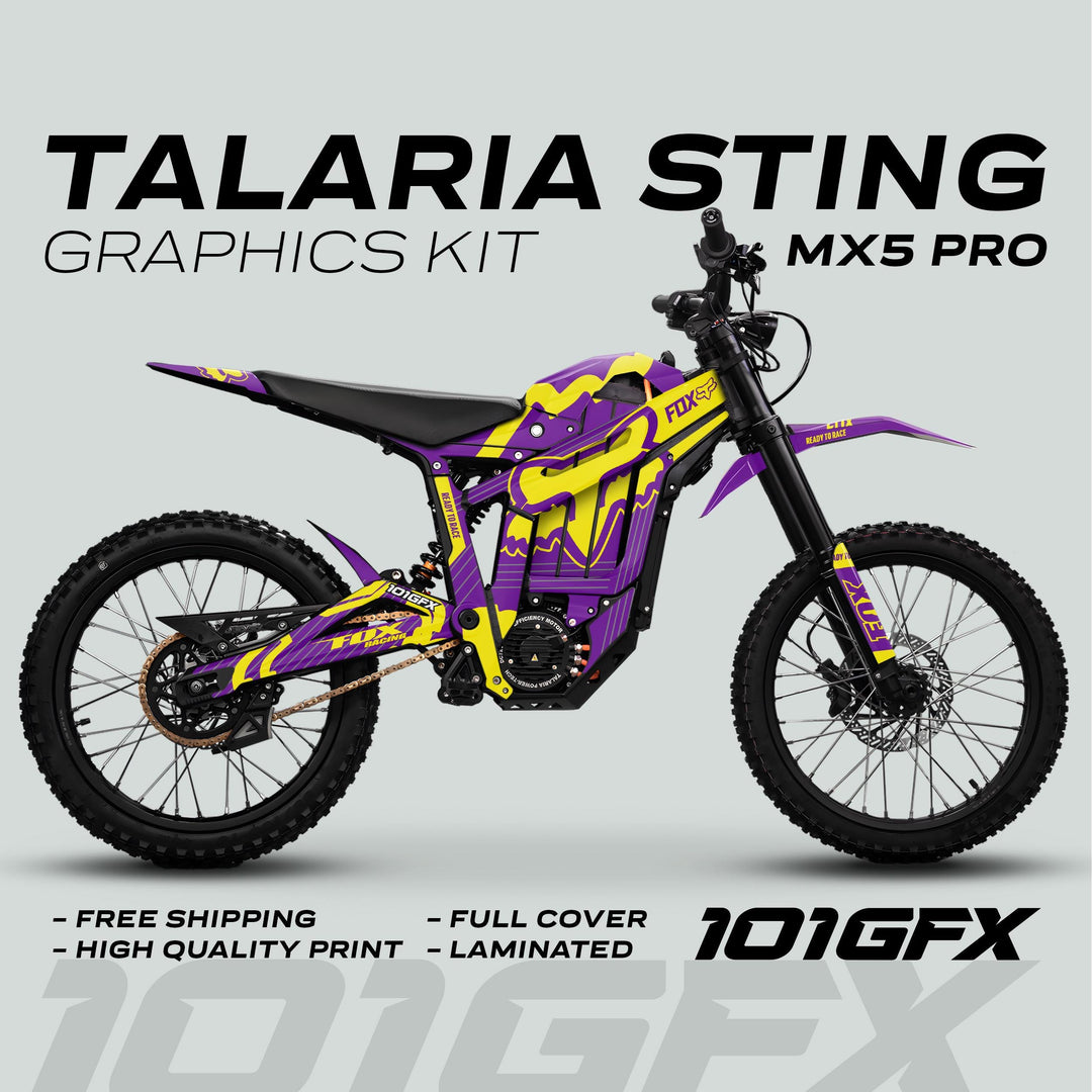 Talaria Sting MX5 PRO Graphics Kit FOX STRIPES features purple-yellow decals on an electric dirt bike, highlighting full coverage, laminated finish, and free shipping.