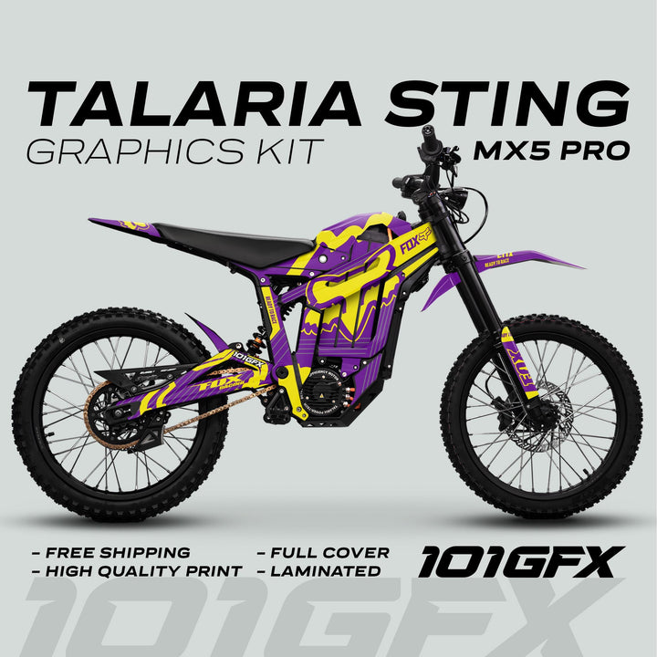 Talaria Sting MX5 PRO Graphics Kit FOX STRIPES features purple-yellow decals on an electric dirt bike, highlighting full coverage, laminated finish, and free shipping.