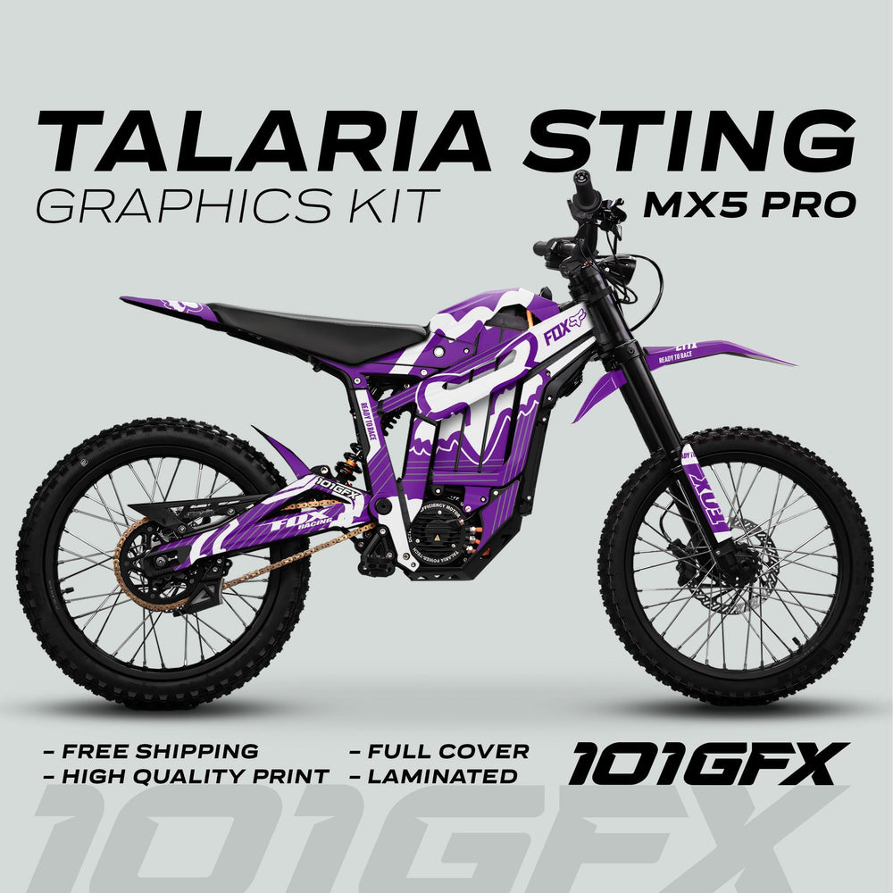 Talaria Sting MX5 PRO Graphics Kit FOX STRIPES purple-white decals, side view, showcasing free shipping, high quality, full cover, laminated benefits, and 101GFX branding.
