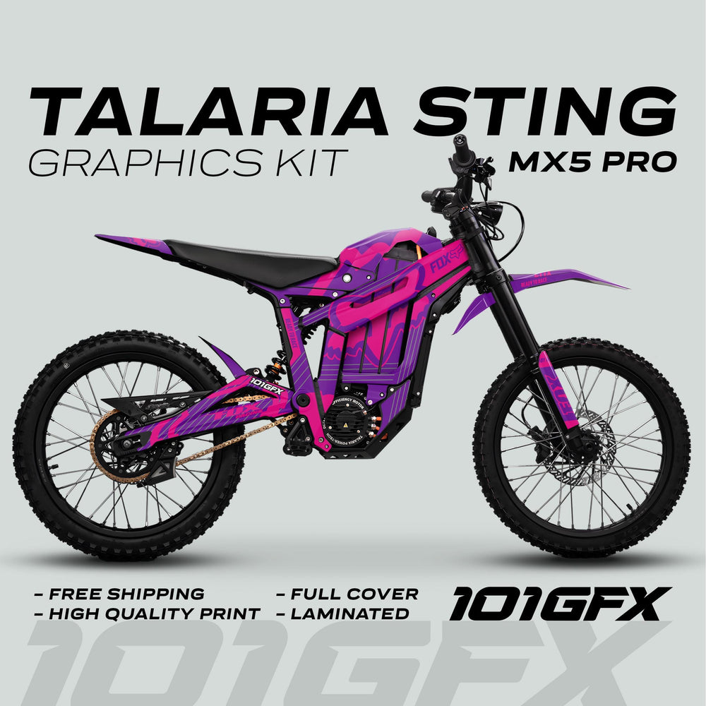 Talaria Sting MX5 PRO Graphics Kit FOX STRIPES with purple-and-pink decals, covering frame and fenders, highlights durability, easy application, and free worldwide shipping.