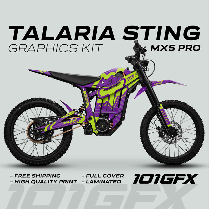 Talaria Sting MX5 PRO Graphics Kit FOX STRIPES with purple-lime decals on electric bike; features free shipping, full coverage, high-quality print, laminated finish.