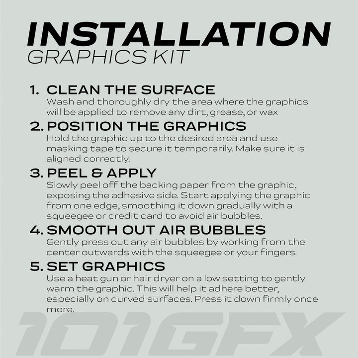Instruction sheet for Talaria Sting MX5 PRO Graphics Kit FOX STRIPES, detailing five steps for vinyl application, including cleaning, positioning, applying, smoothing, and setting graphics with a heat gun.