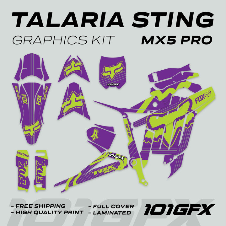 Talaria Sting MX5 PRO Graphics Kit FOX STRIPES with full-coverage purple and green decals, featuring Fox Racing logos, designed for durability and easy installation.