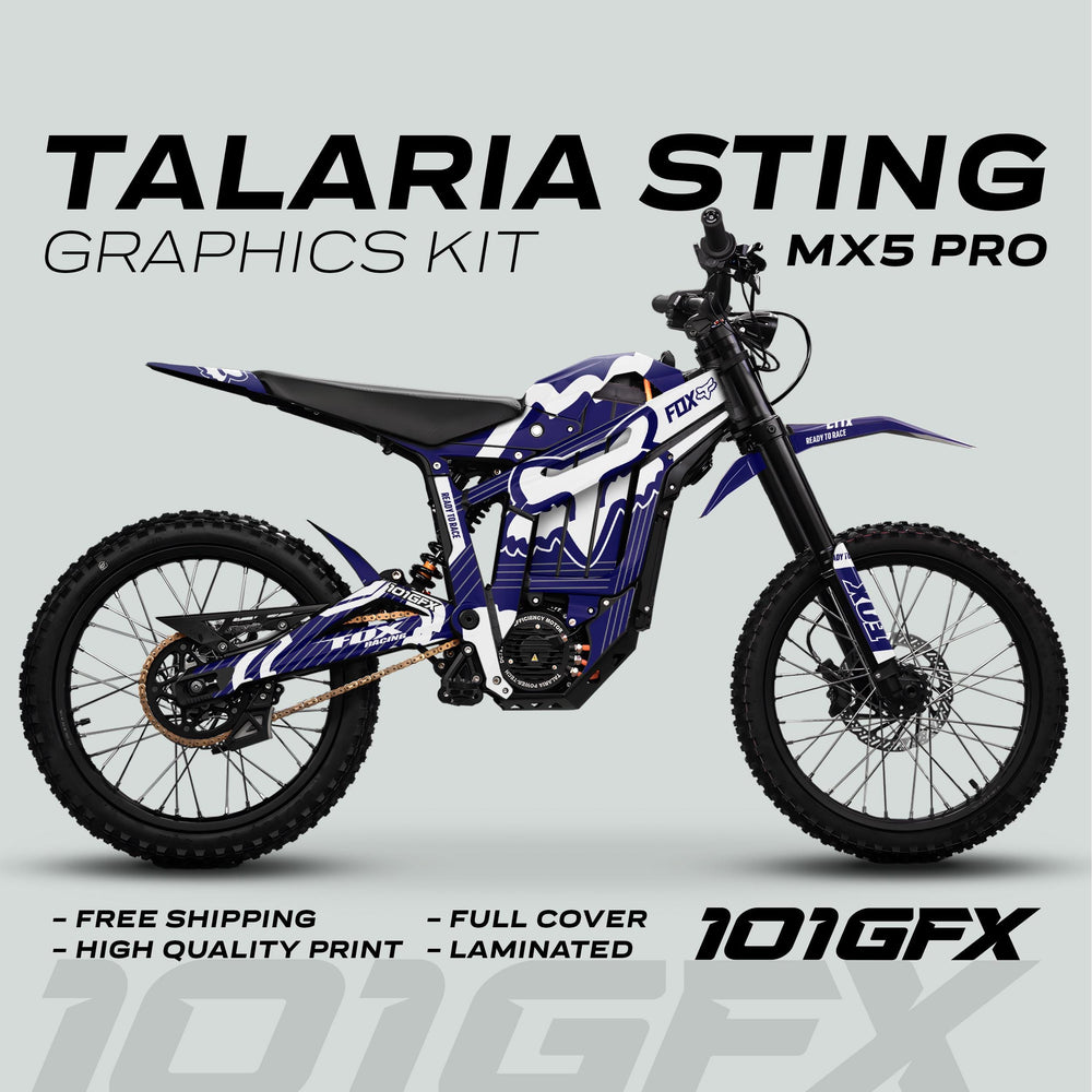 Talaria Sting MX5 PRO Graphics Kit FOX STRIPES Navy White Decals on bike; features full coverage, easy application, free shipping, high quality, laminated finish.