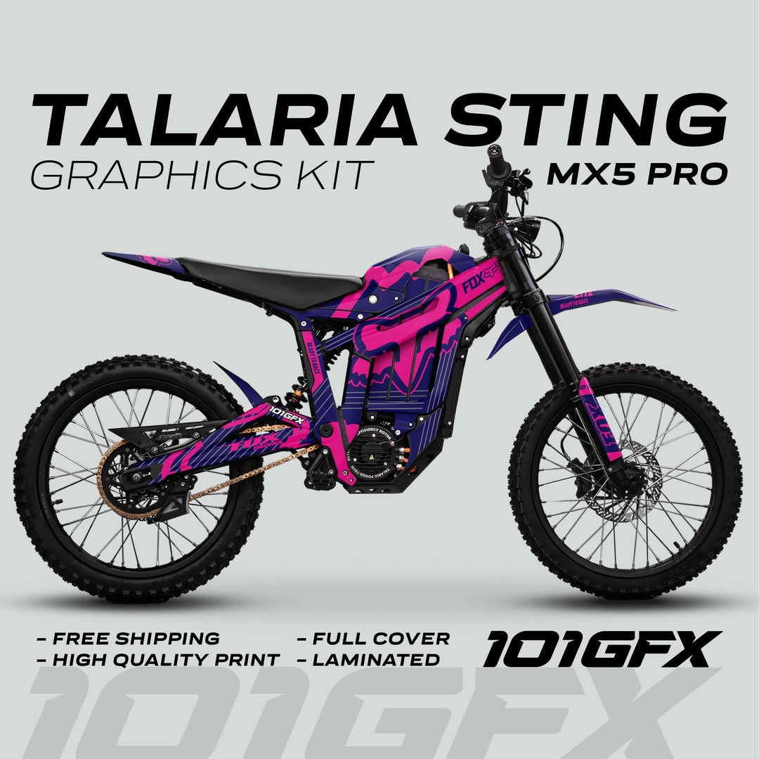 Talaria Sting MX5 PRO Graphics Kit FOX STRIPES, showing a pink-purple “Sting” livery, high-quality full-cover wrap, laminated, with free shipping by 101GFX.