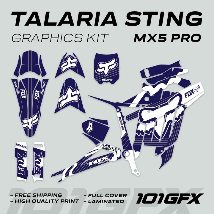 Talaria Sting MX5 PRO Graphics Kit FOX STRIPES Navy White Decals, showcasing full-cover blue-and-white stickers, including pieces for fenders, panels, and guards, highlighting free shipping and quality.
