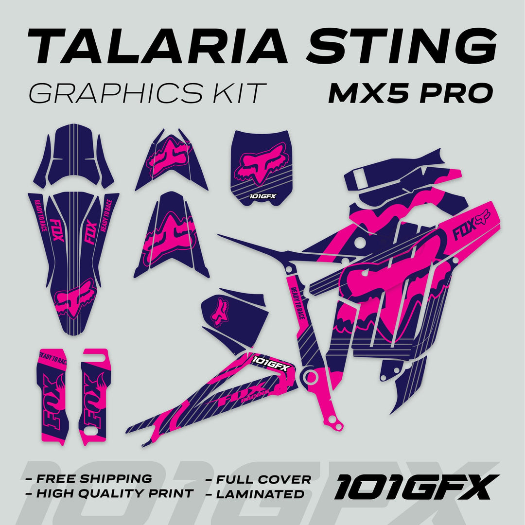 Talaria Sting MX5 PRO Graphics Kit FOX STRIPES, pink-purple design, full decal set with fender tops, fork guards, side panels, and shrouds, highlighting quality and coverage.