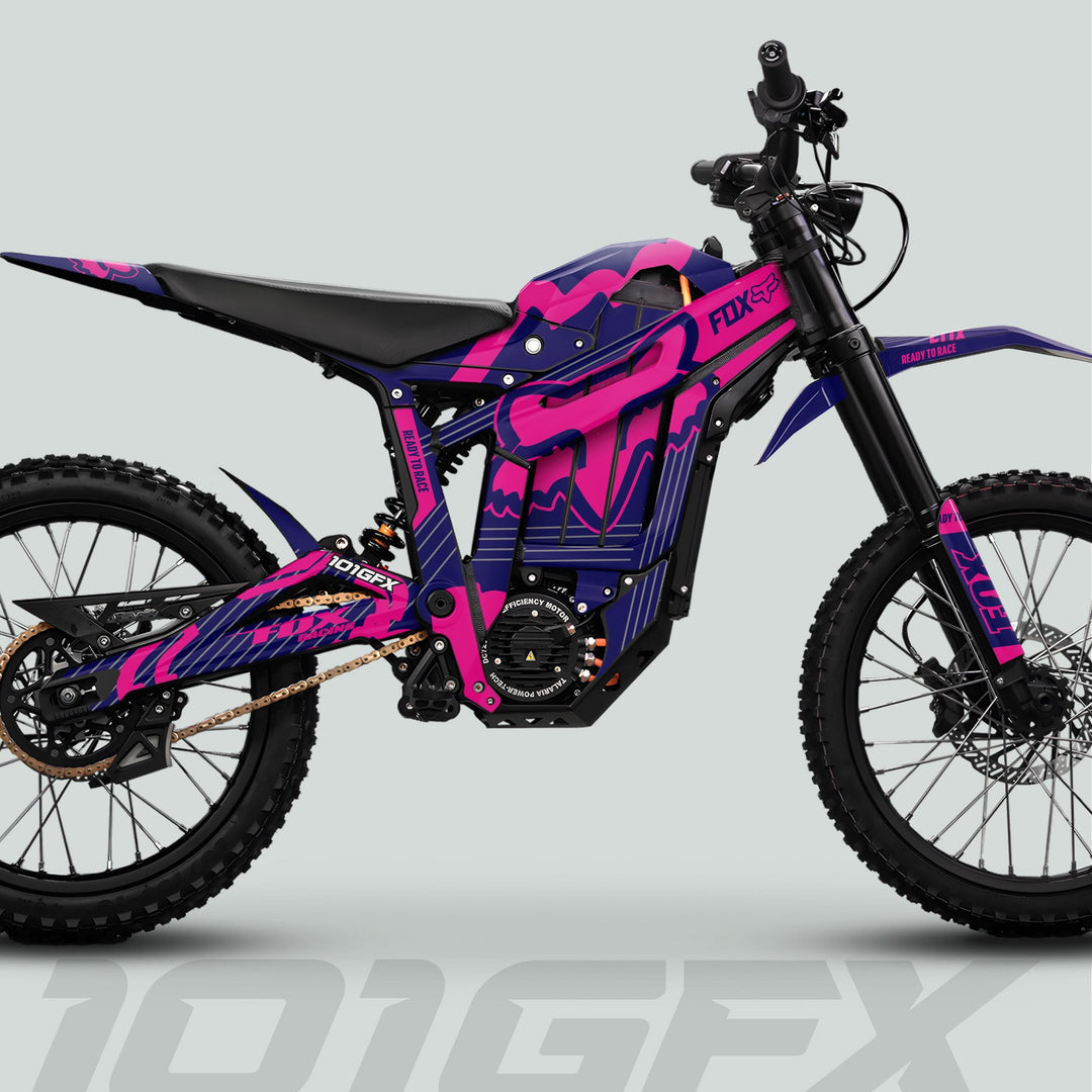 Talaria Sting MX5 PRO Graphics Kit FOX STRIPES: Bold pink/purple design on electric bike, featuring knobby tires, long forks, and durable decals for a standout look.
