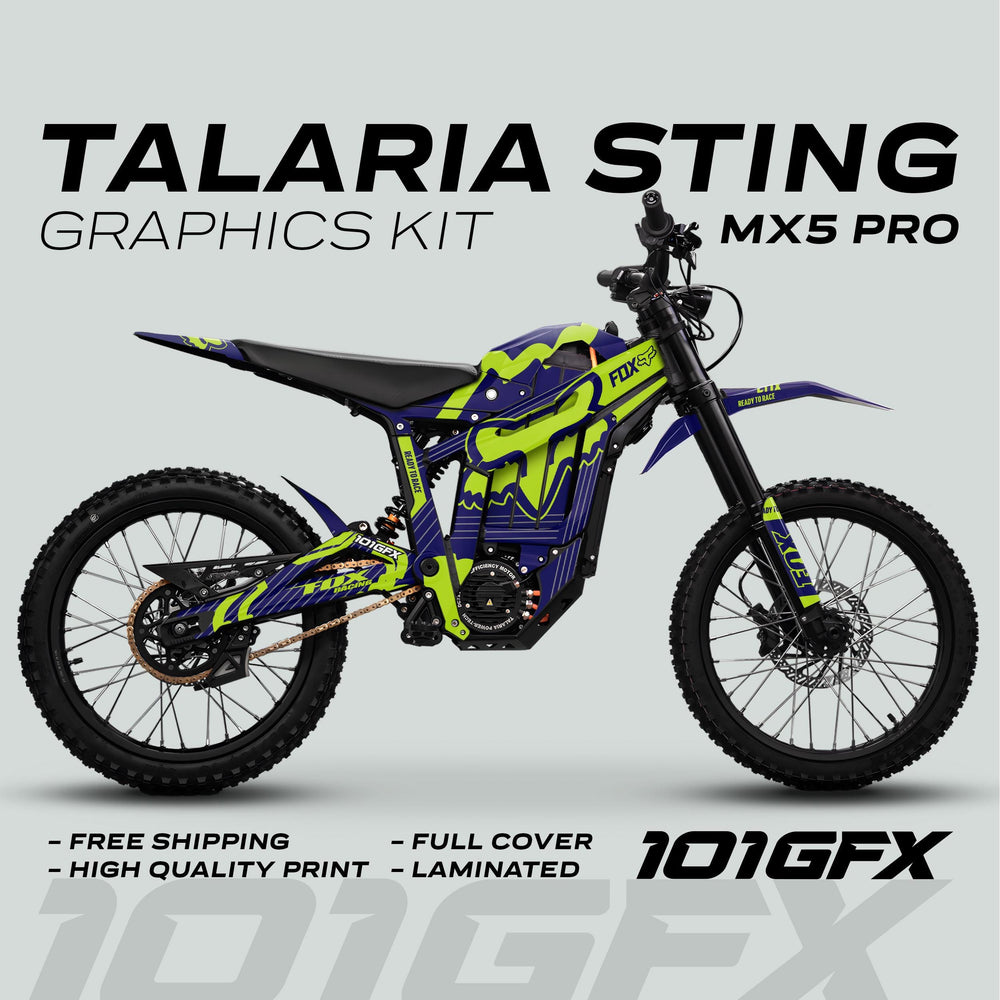Talaria Sting MX5 PRO Graphics Kit FOX STRIPES, featuring bold purple and neon-green design with FOX logo, promoting high-quality, full-coverage decals and free shipping.