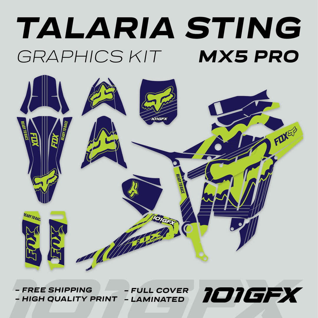 Talaria Sting MX5 PRO Graphics Kit FOX STRIPES showing navy-green decals for all bike parts, featuring bold design and high-quality finish for enhanced aesthetics.