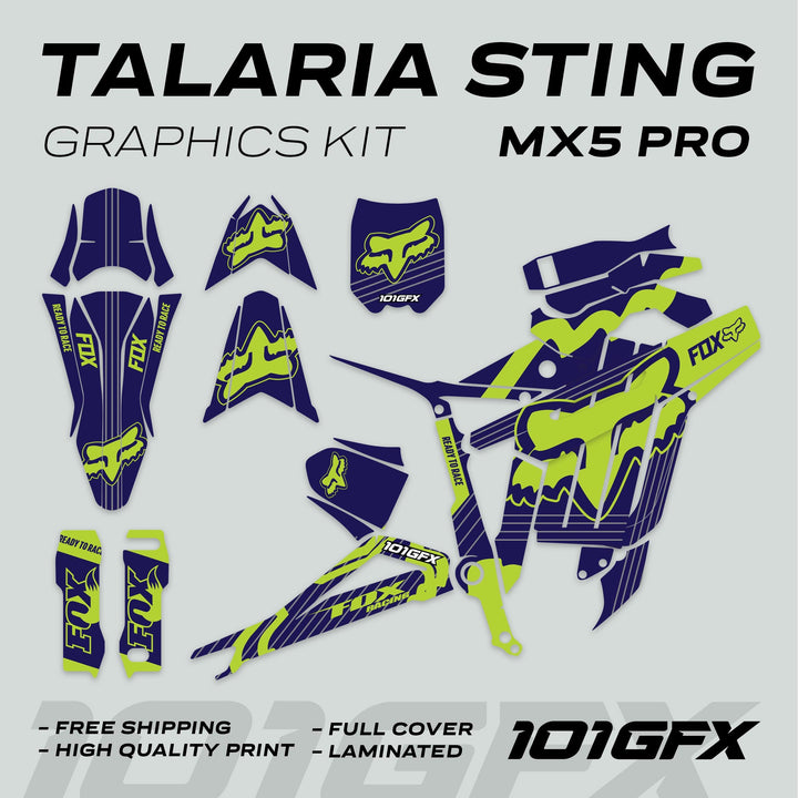Talaria Sting MX5 PRO Graphics Kit FOX STRIPES showing navy-green decals for all bike parts, featuring bold design and high-quality finish for enhanced aesthetics.