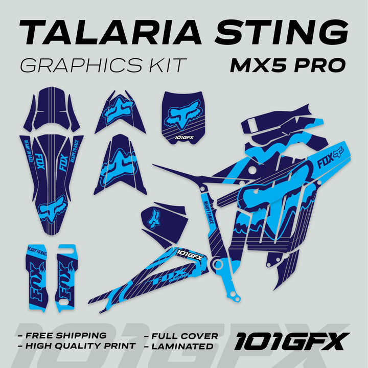 Talaria Sting MX5 PRO Graphics Kit FOX STRIPES Navy Cyan Decals showcasing pre-cut vinyl pieces in a two-tone Fox Racing theme, highlighting full coverage and easy application.