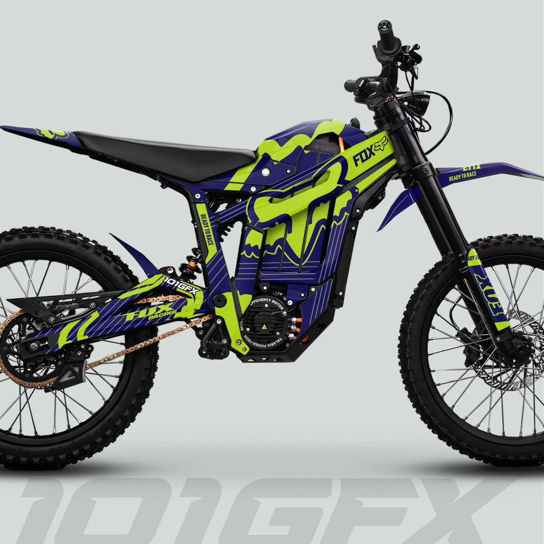 Talaria Sting MX5 PRO Graphics Kit FOX STRIPES decorates an electric dirt bike, enhancing its style with durable, easy-to-apply decals for a standout look.