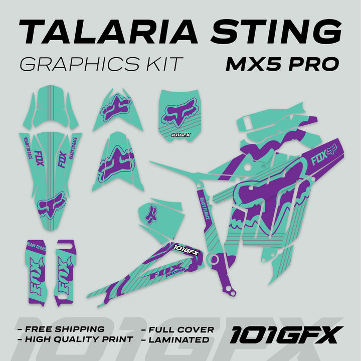 Talaria Sting MX5 PRO Graphics Kit FOX STRIPES Mint Purple Decals includes pre-cut vinyl pieces for full coverage, emphasizing free shipping, quality print, and easy installation.