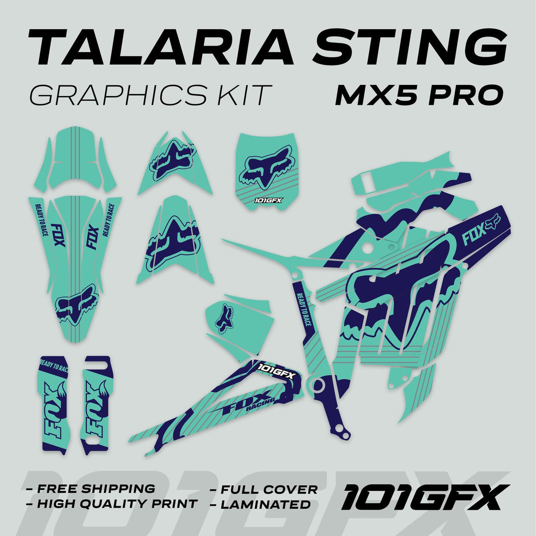 Talaria Sting MX5 PRO Graphics Kit FOX STRIPES shown in teal and navy, featuring full-cover decals, easy application, and promotes durability and free shipping.