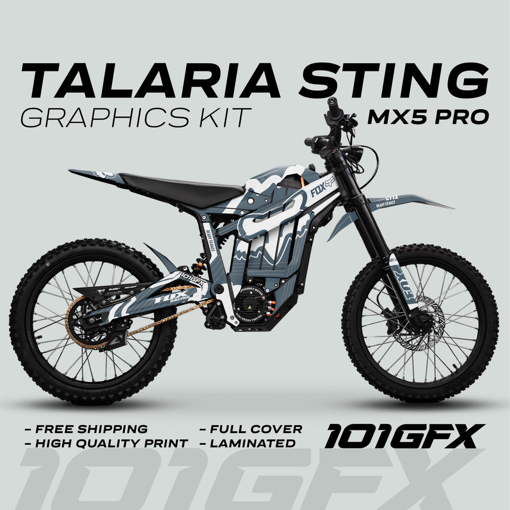 Talaria Sting MX5 PRO Graphics Kit featuring FOX branding, side-view on bike with promotional highlights: full coverage, high-quality print, laminated, free shipping, designer logo 101GFX.