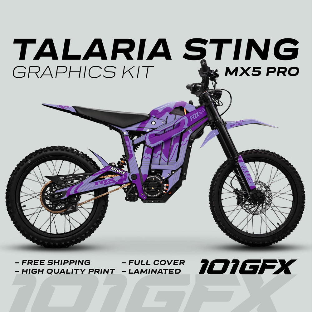 Talaria Sting MX5 PRO Graphics Kit FOX STRIPES Duo Purple Decals featuring full coverage, high-quality print, and laminated finish with free worldwide shipping.