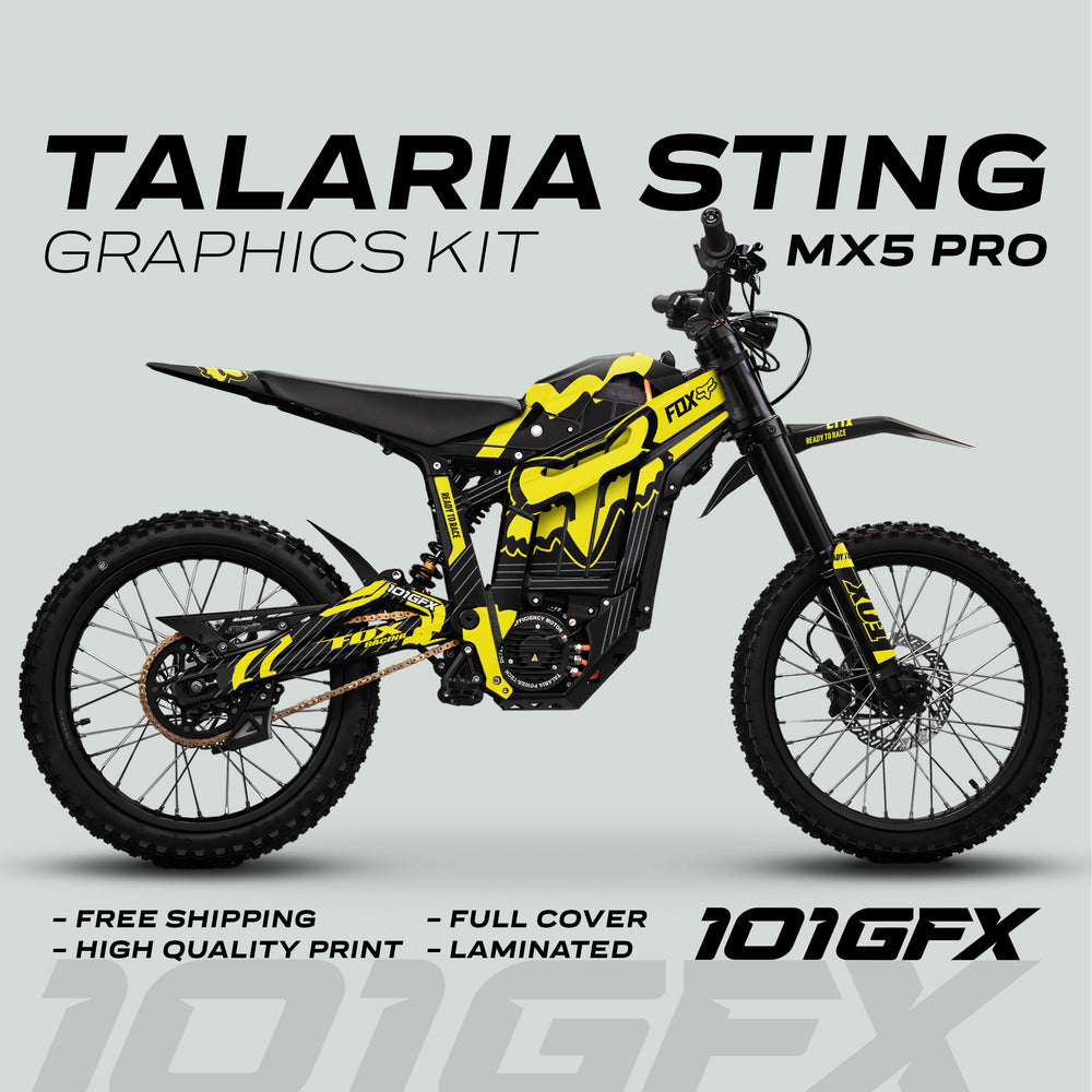 Side view of Talaria Sting MX5 PRO with FOX STRIPES Black Yellow Decals, showcasing full-coverage, high-quality laminated graphics kit, emphasizing style and durability.