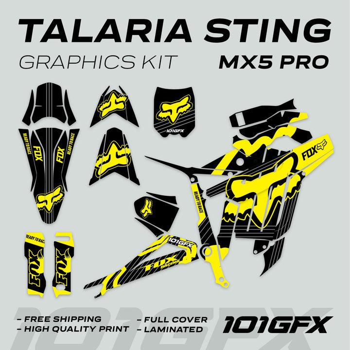 Talaria Sting MX5 PRO Graphics Kit FOX STRIPES decals displayed; includes black-yellow fenders, panels, with Fox Racing logo; features free shipping, high-quality, full-cover, laminated finish.