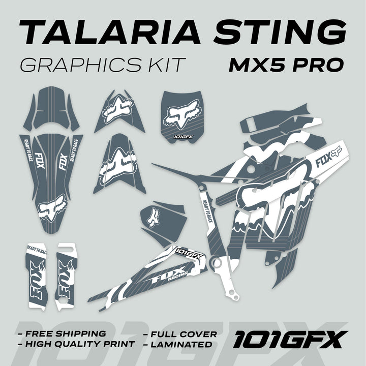 Talaria Sting MX5 PRO Graphics Kit FOX STRIPES Grey White Decals; showcases die-cut decals for complete bike coverage, emphasizing durability and easy application.