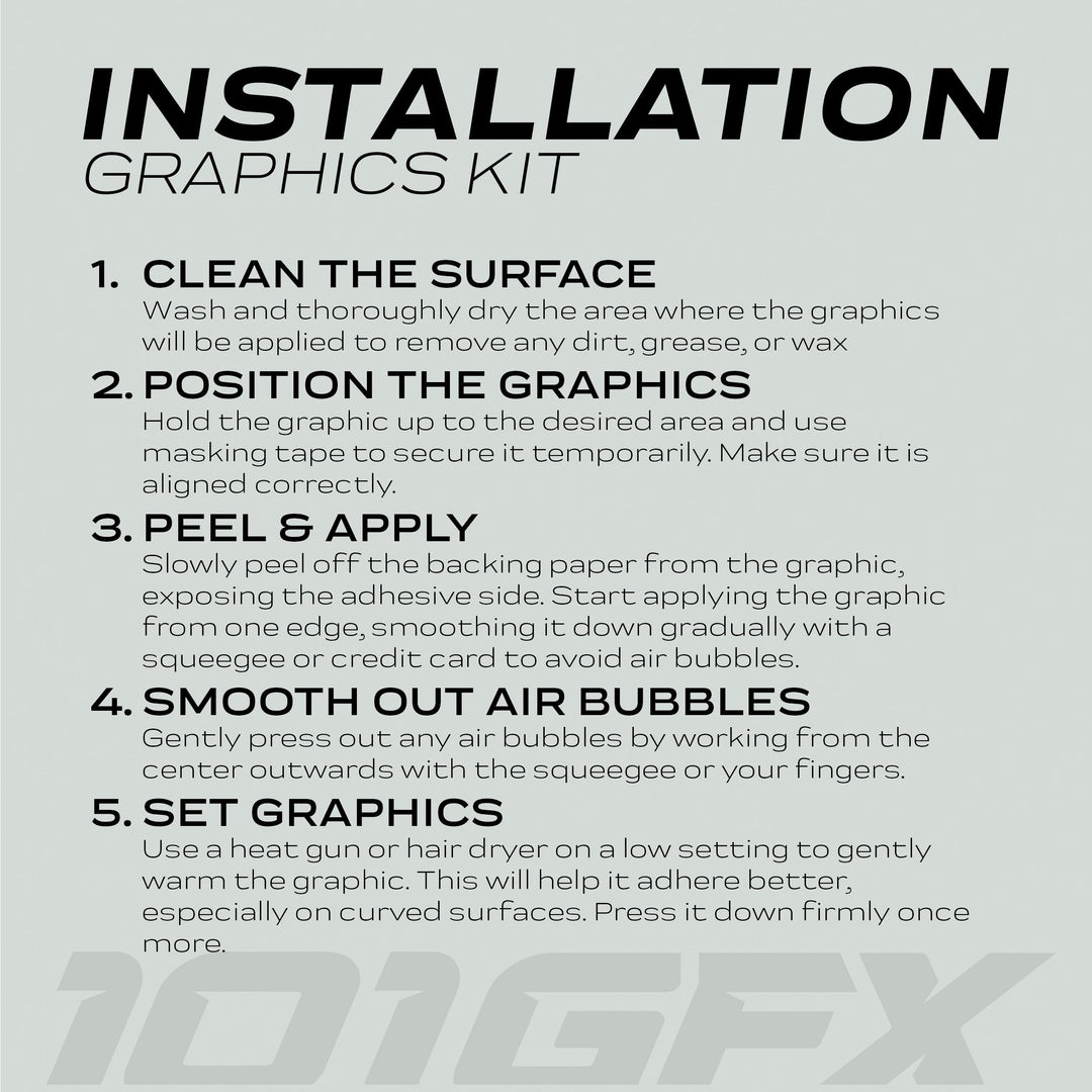 Instruction sheet for Talaria Sting MX5 PRO Graphics Kit FOX STRIPES Black Yellow Decals detailing five installation steps with “10IGFX” watermark at bottom.
