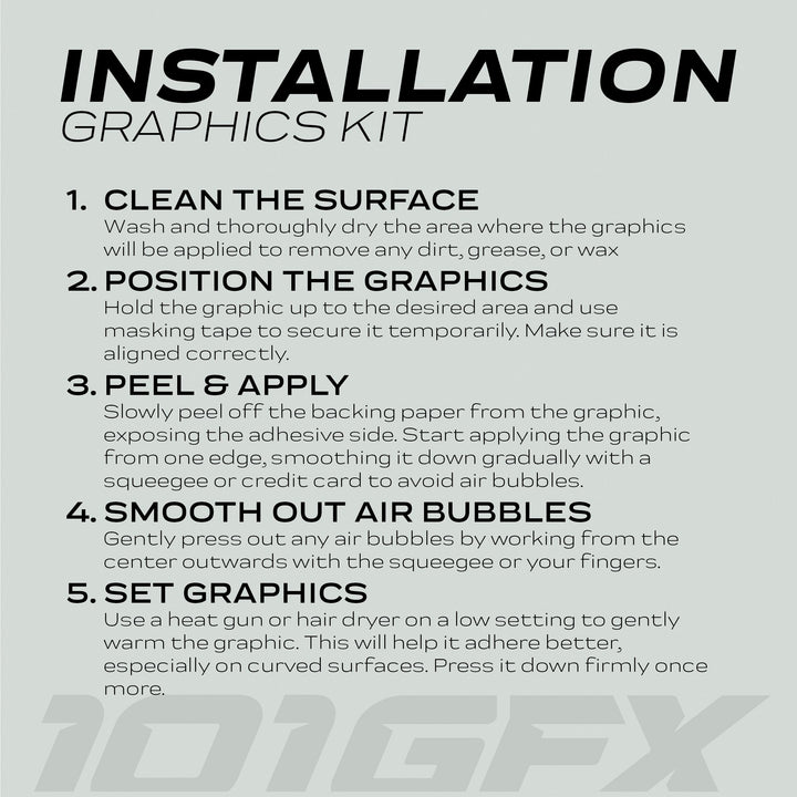 Talaria Sting MX5 PRO Graphics Kit FOX STRIPES Duo Purple Decals installation sheet detailing five-step vinyl application for seamless and stylish vehicle transformation.