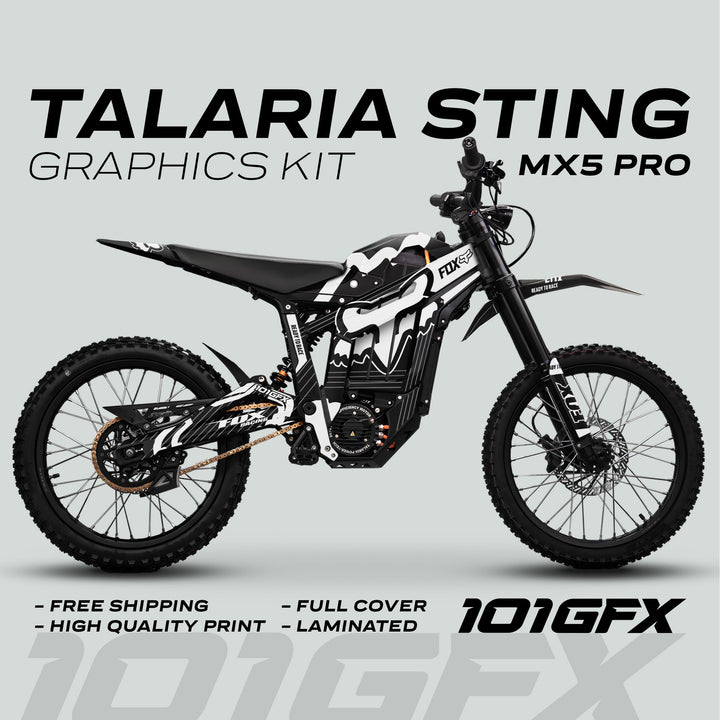 Talaria Sting MX5 PRO Graphics Kit with FOX STRIPES, featuring black-and-white design, knobby tires, chain drive, and disc brakes; highlights include full coverage and easy installation.