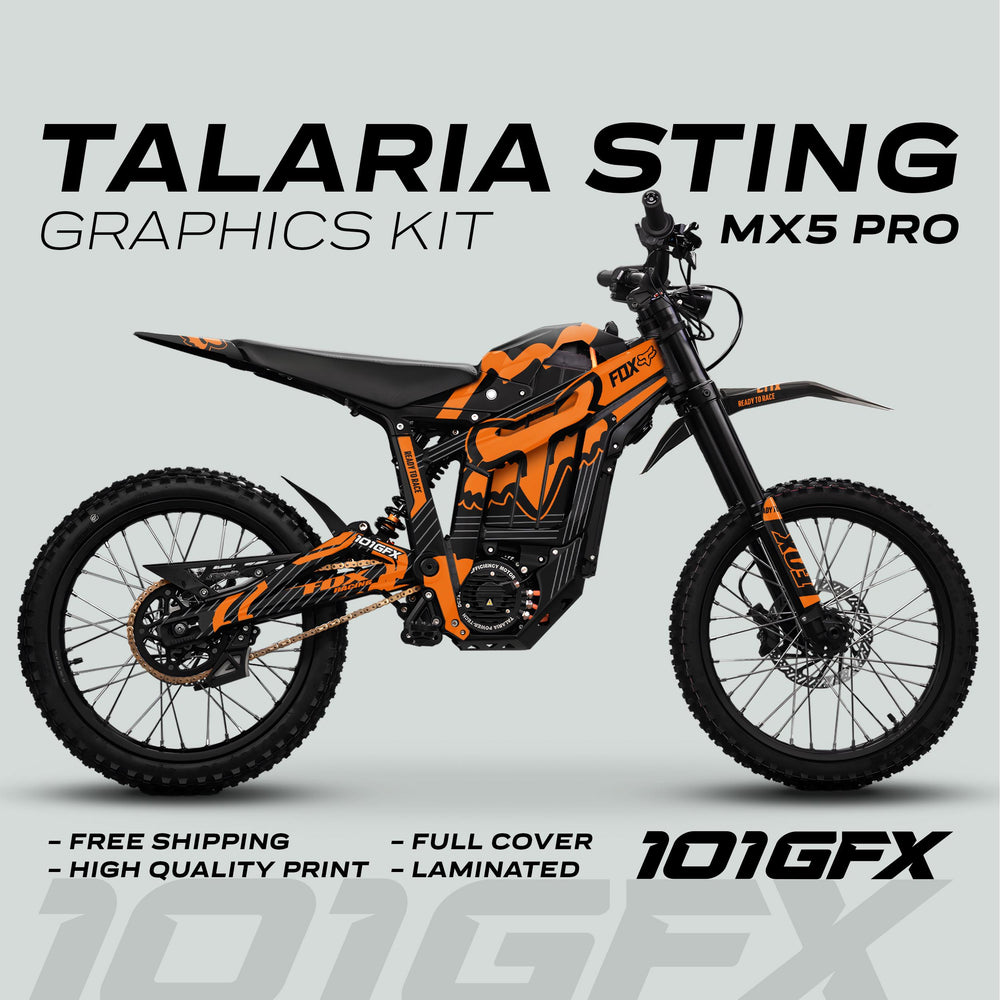 Talaria Sting MX5 PRO Graphics Kit FOX STRIPES Black Orange Decals showcasing full-coverage design, ensuring style and quality with durable, easy-to-apply vinyl wrap.