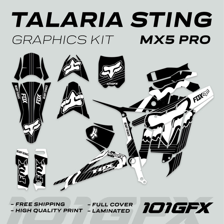 Talaria Sting MX5 PRO Graphics Kit FOX STRIPES Black White Decals, showing all decal pieces including fenders and panels, highlighting Free Shipping and High Quality Print.